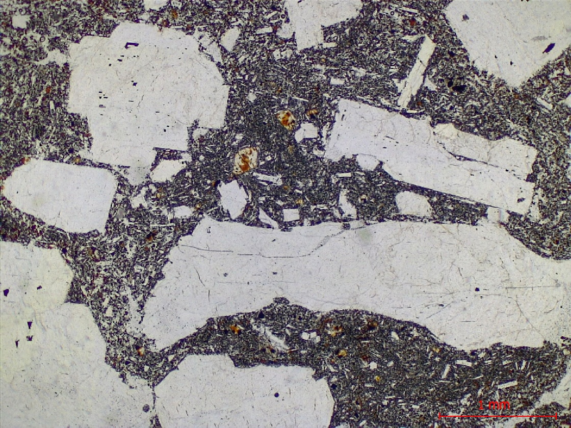  Microscope Hawaiite Trachybasalte à plagioclase dit “Roche pintade“ Point chaud de La Réunion Piton des Neiges  