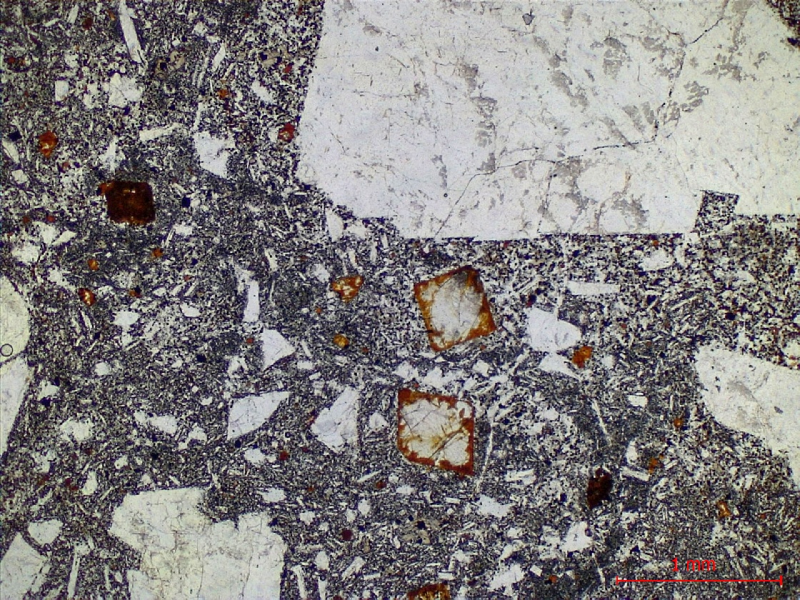  Microscope Hawaiite Trachybasalte à plagioclase dit “Roche pintade“ Point chaud de La Réunion Piton des Neiges  