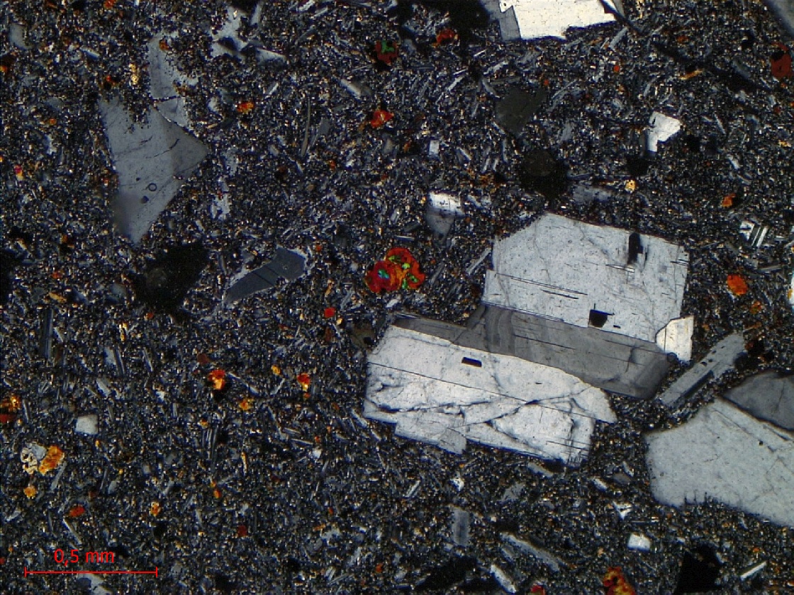  Microscope Hawaiite Trachybasalte à plagioclase dit “Roche pintade“ Point chaud de La Réunion Piton des Neiges  